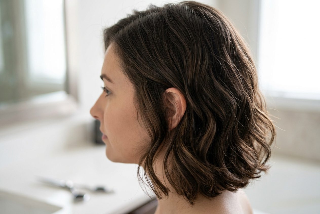 Woman with layered hair cut at home showing soft face framing layers