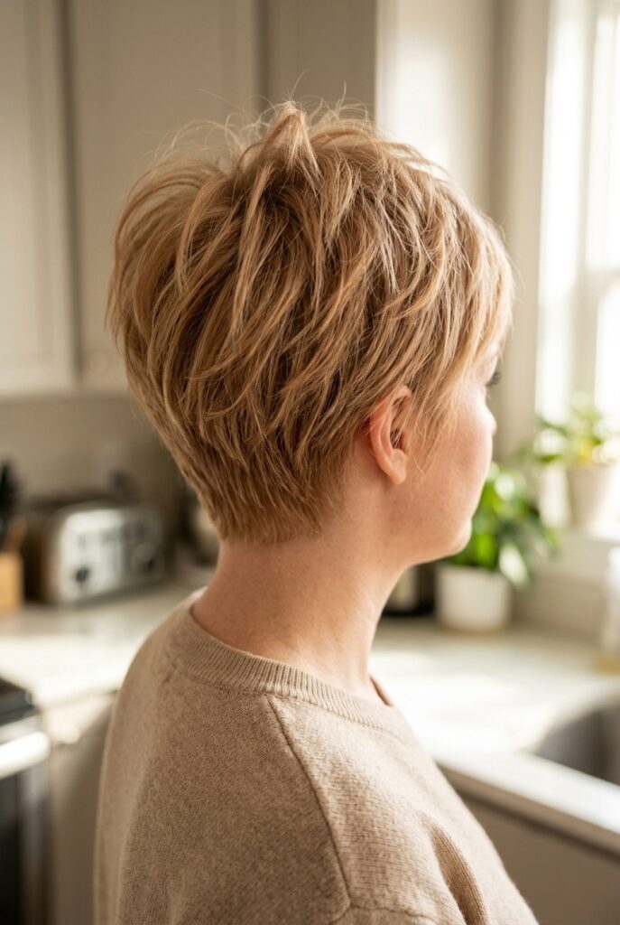 Woman with lifted root volume on her short pixie haircut after dry shampoo