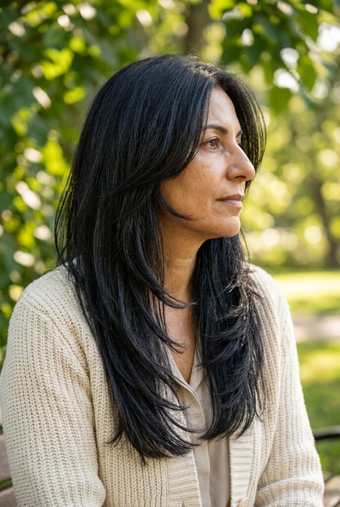 Woman with long face framing layers in gray hair