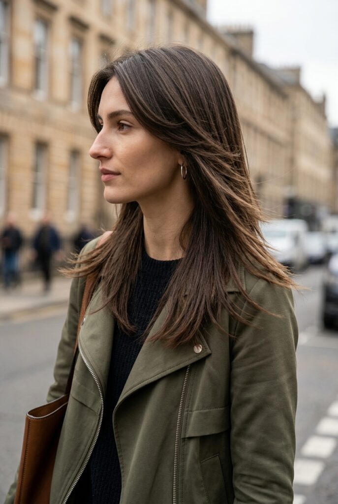 Woman with long feathered layered hair walking on a street viewed from the side Woman with long feathered layered hair walking on a street viewed from the side