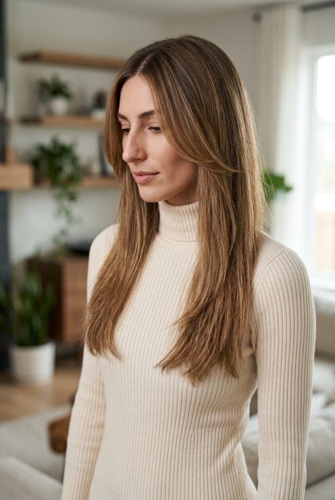 Woman with long hair and face framing layers parted in the center standing at home viewed from the side Woman with long hair and face framing layers parted in the center standing at home viewed from the side