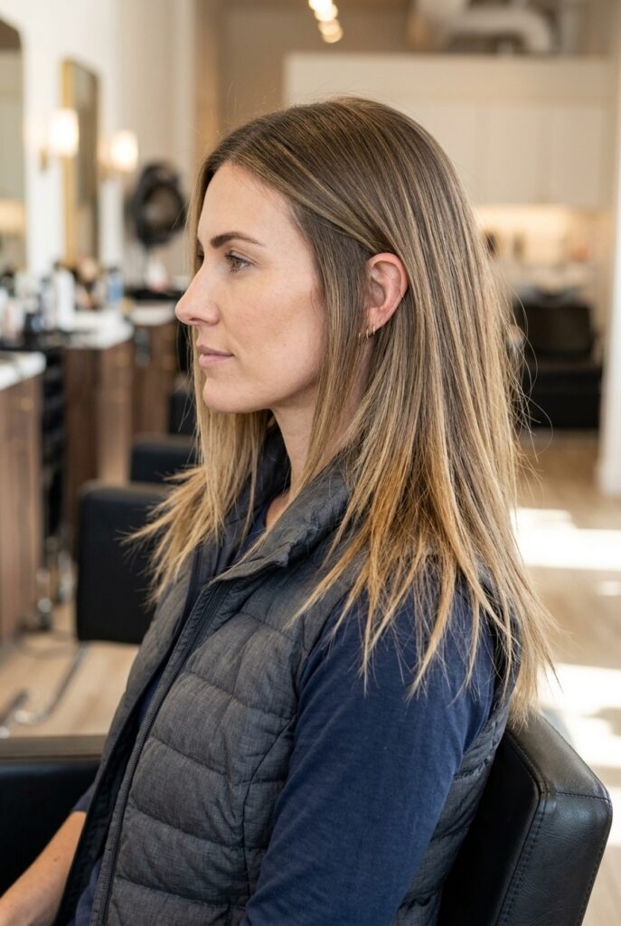 Woman with long hair and wispy textured ends sitting in a hair salon chair viewed from the side Woman with long hair and wispy textured ends sitting in a hair salon chair viewed from the side