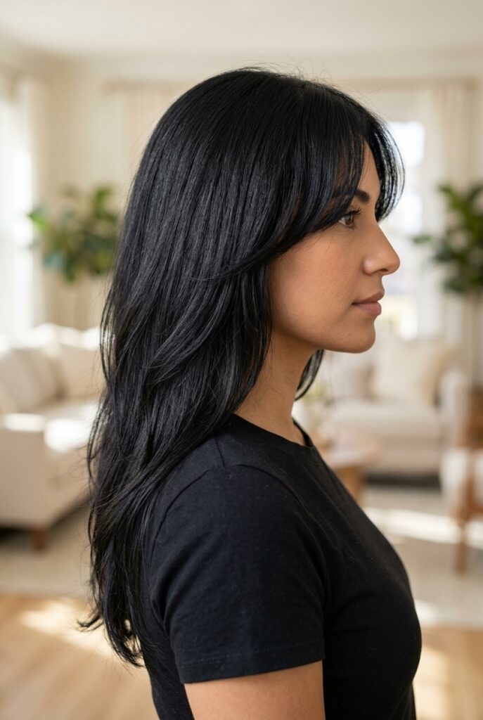 Woman with long layered hair and curtain bangs