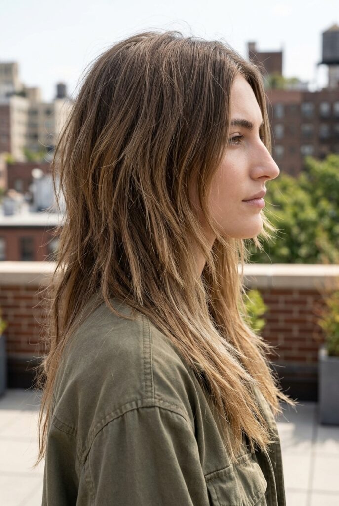 Woman with long shaggy layered hair and no bangs standing on a rooftop terrace viewed from the side Woman with long shaggy layered hair and no bangs standing on a rooftop terrace viewed from the side