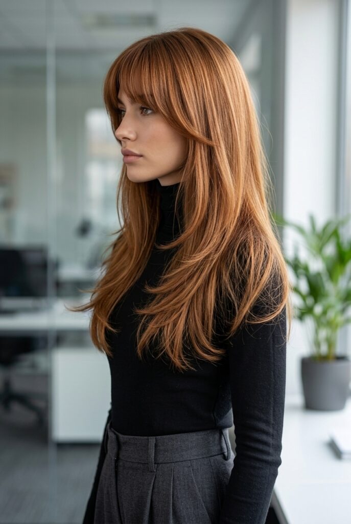 Woman with long soft layers and heavy curtain bangs standing in an office viewed from the side Woman with long soft layers and heavy curtain bangs standing in an office viewed from the side