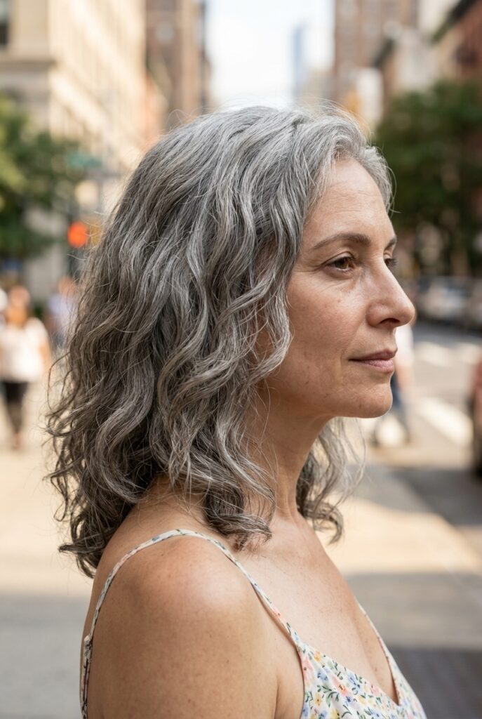 Woman with loose wavy gray hair on a city street