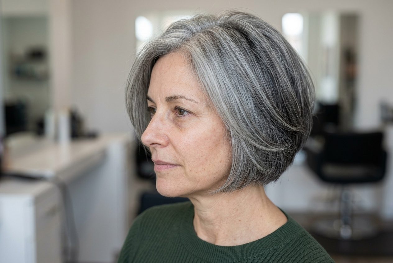 Woman with modern gray hair sitting in a hair salon