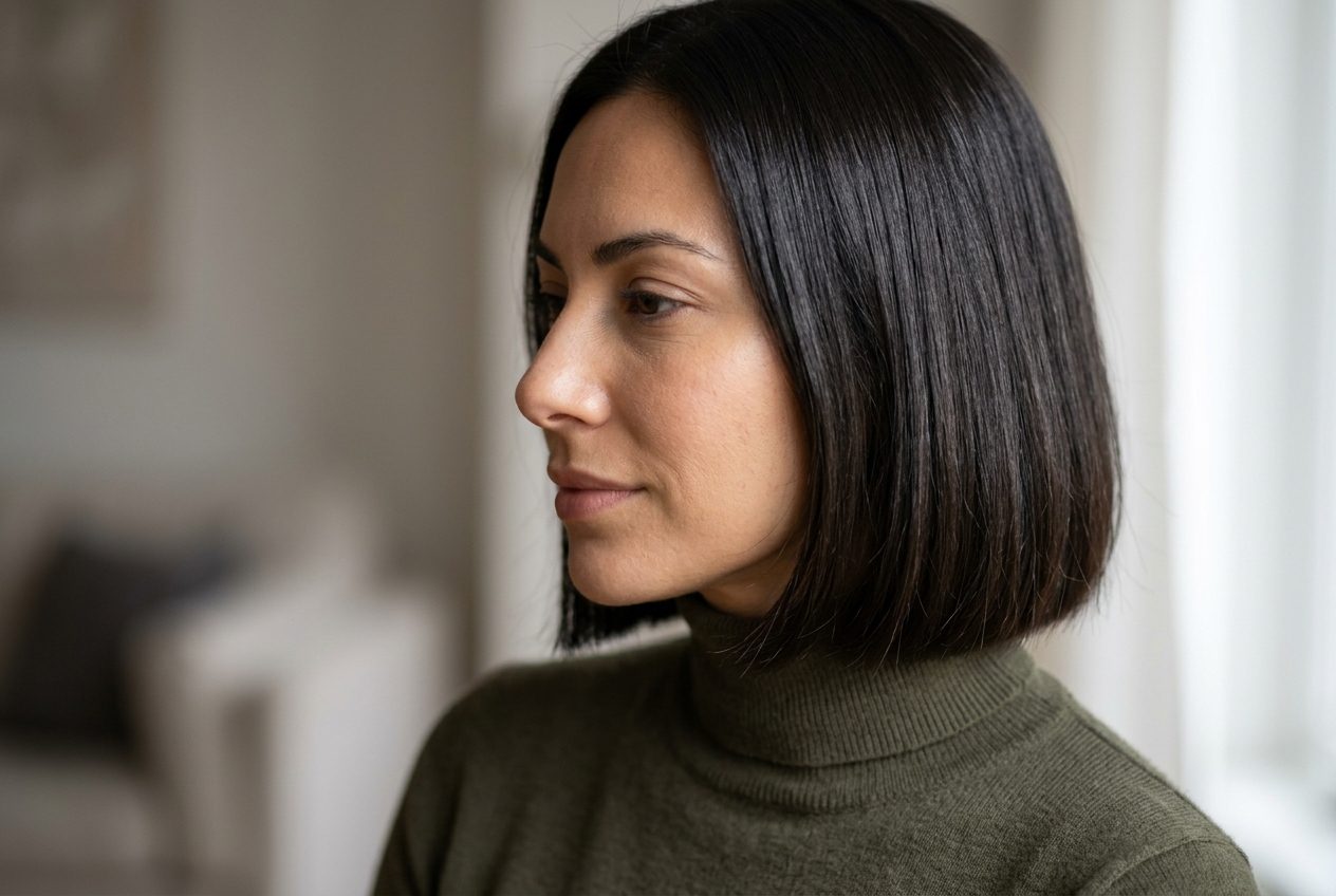 Woman with oval face shape wearing a sleek chin length bob haircut