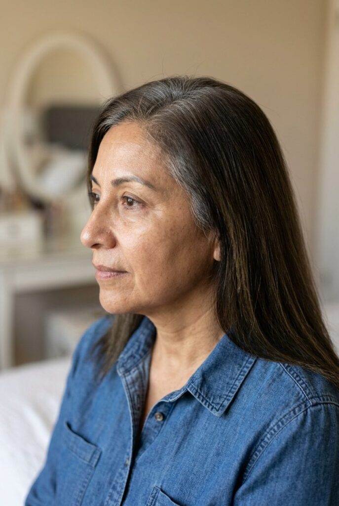 Woman with root smudge blending into gray hair