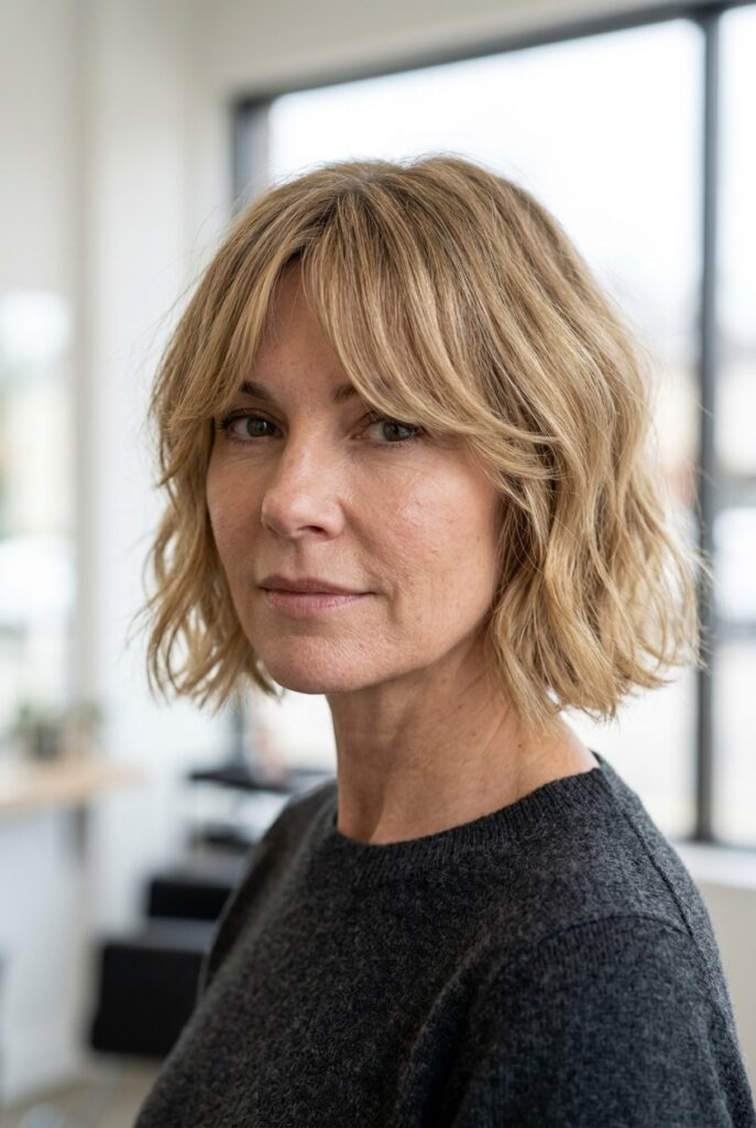 Woman with short bob and curtain bangs framing her face