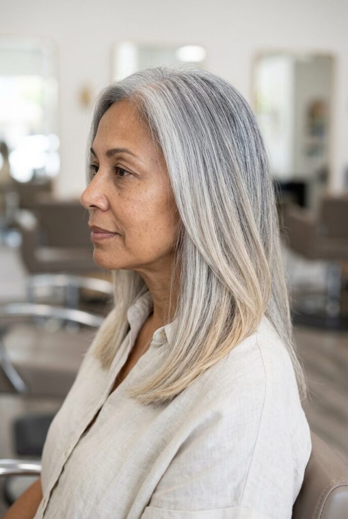 Woman with silver balayage in gray hair