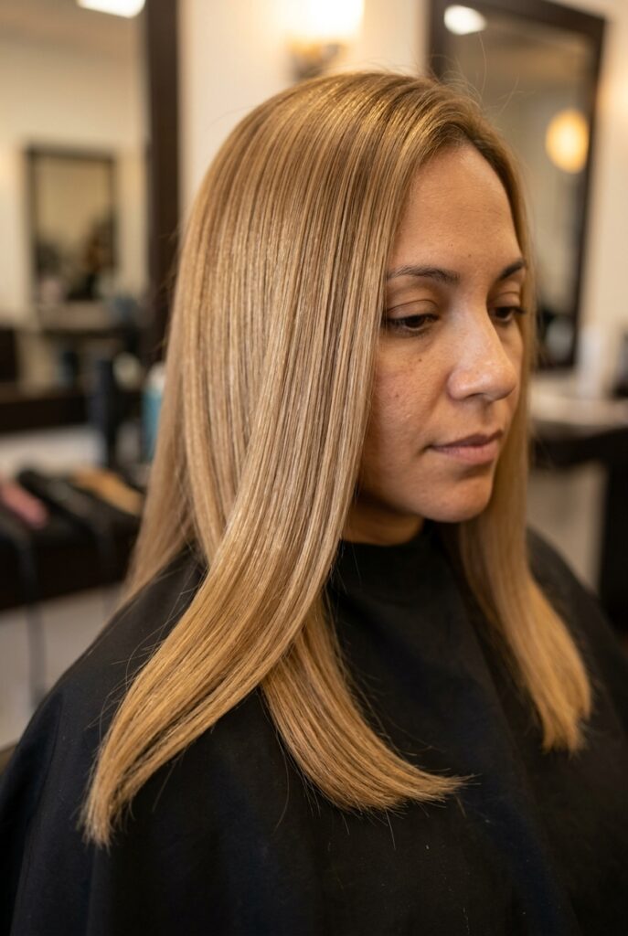 Woman with sleek smooth straightened hair after heat styling Woman with sleek smooth straightened hair after heat styling