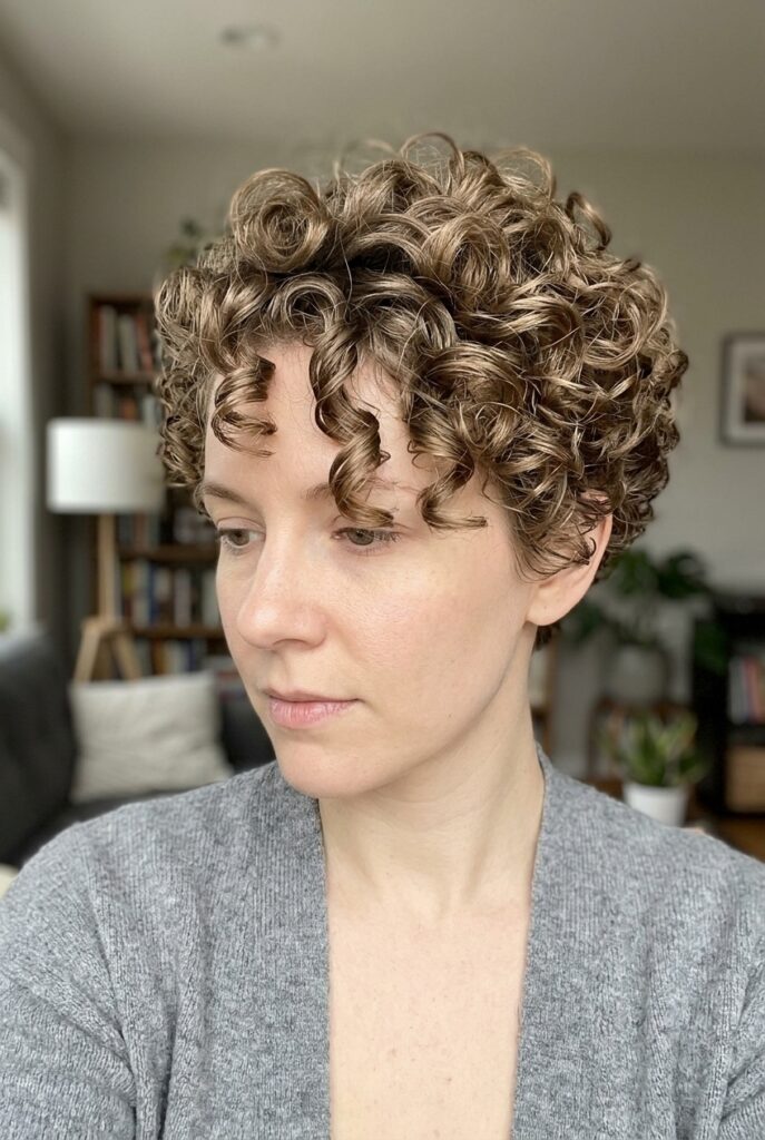 Woman with small barrel curls adding volume to her short pixie haircut