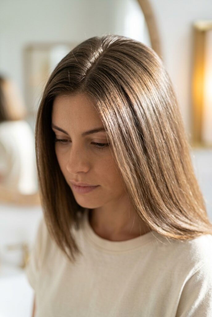 Woman with smooth frizz free thick coarse hair after using anti frizz serum Woman with smooth frizz free thick coarse hair after using anti frizz serum