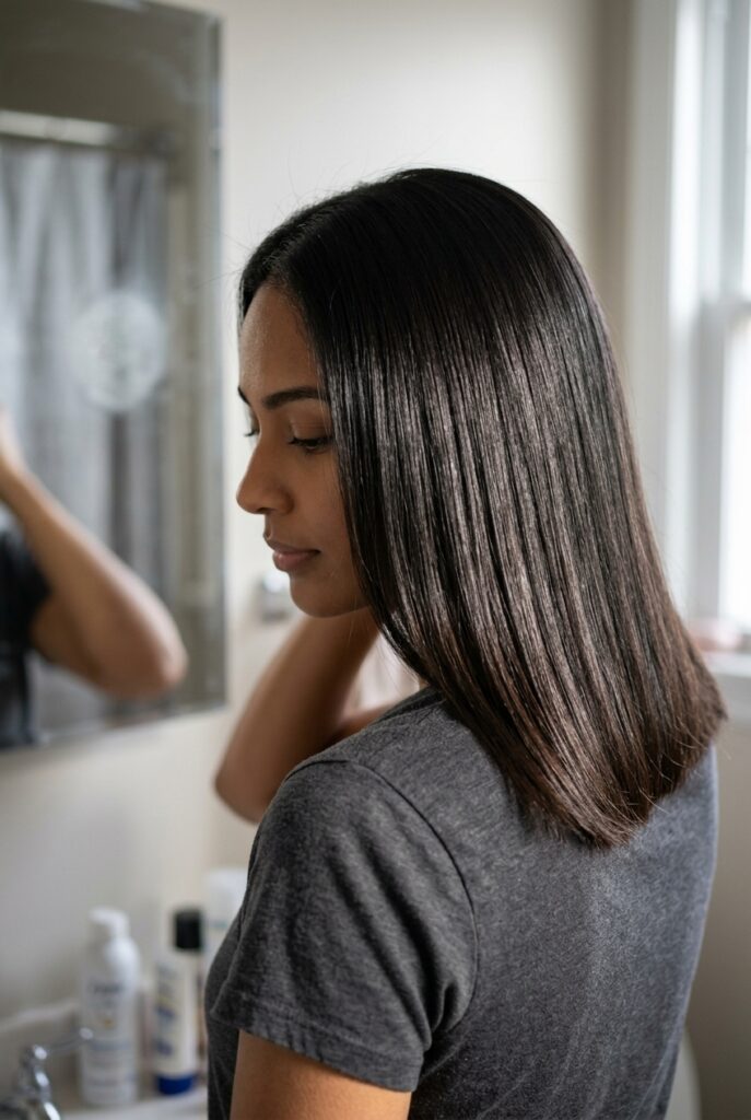 Woman with smooth glossy frizz free hair after applying hair serum