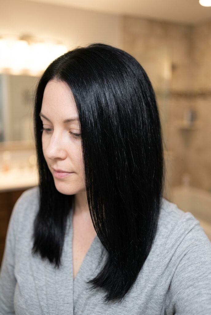 Woman with smooth reconstructed frizz free thick coarse hair Woman with smooth reconstructed frizz free thick coarse hair