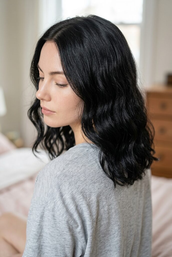 Woman with smooth shiny frizz free air dried hair Woman with smooth shiny frizz free air dried hair