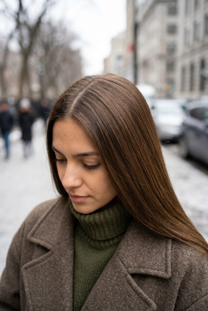 Woman with smooth static free hair blowout in winter Woman with smooth static free hair blowout in winter
