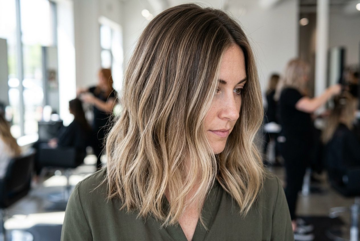 Woman with soft dimensional balayage highlights in salon setting