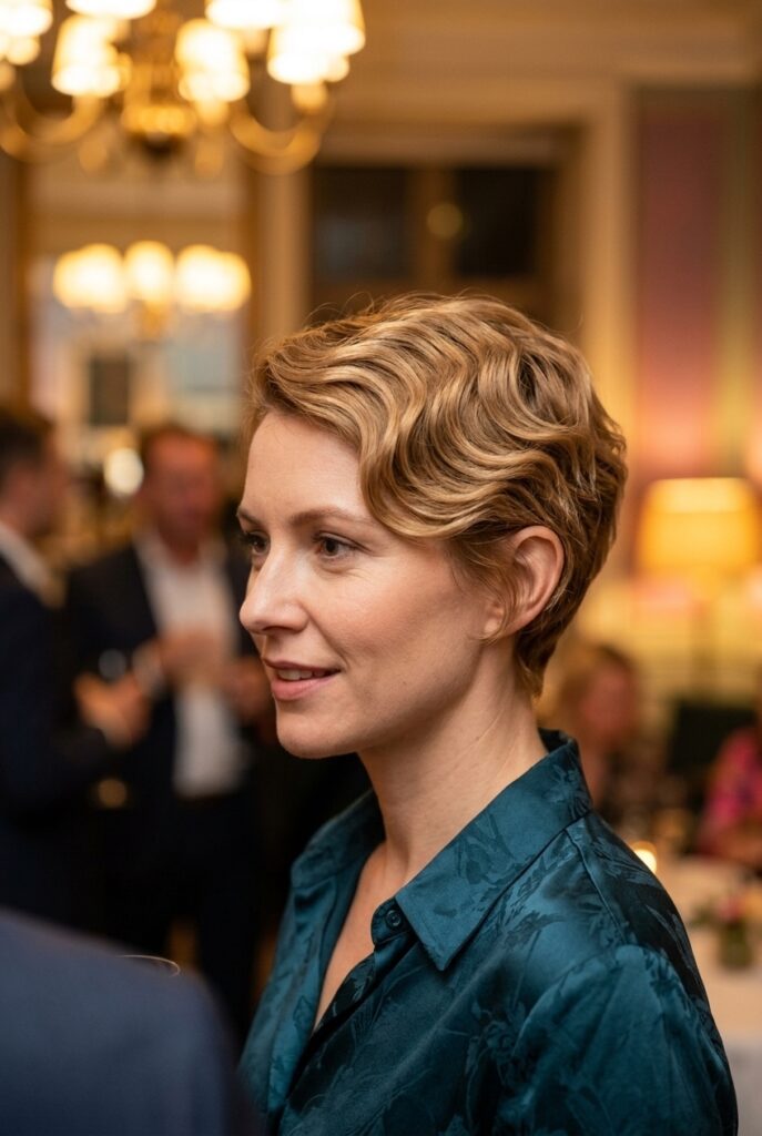 Woman with soft finger waves styled on her short pixie haircut