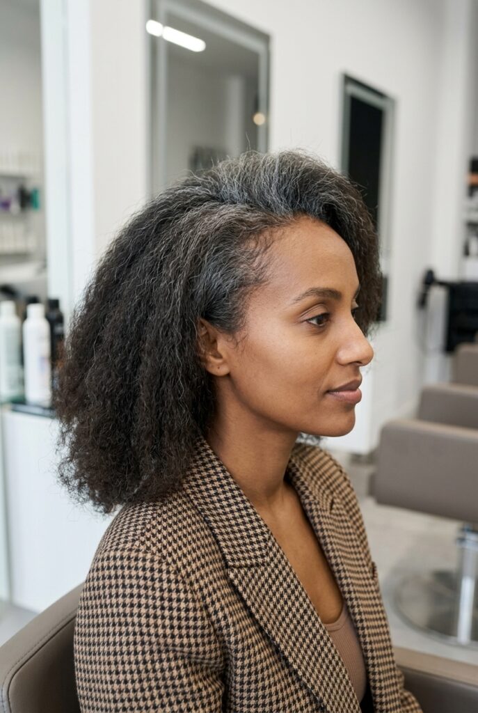 Woman with softly blended gray roots sitting in a hair salon
