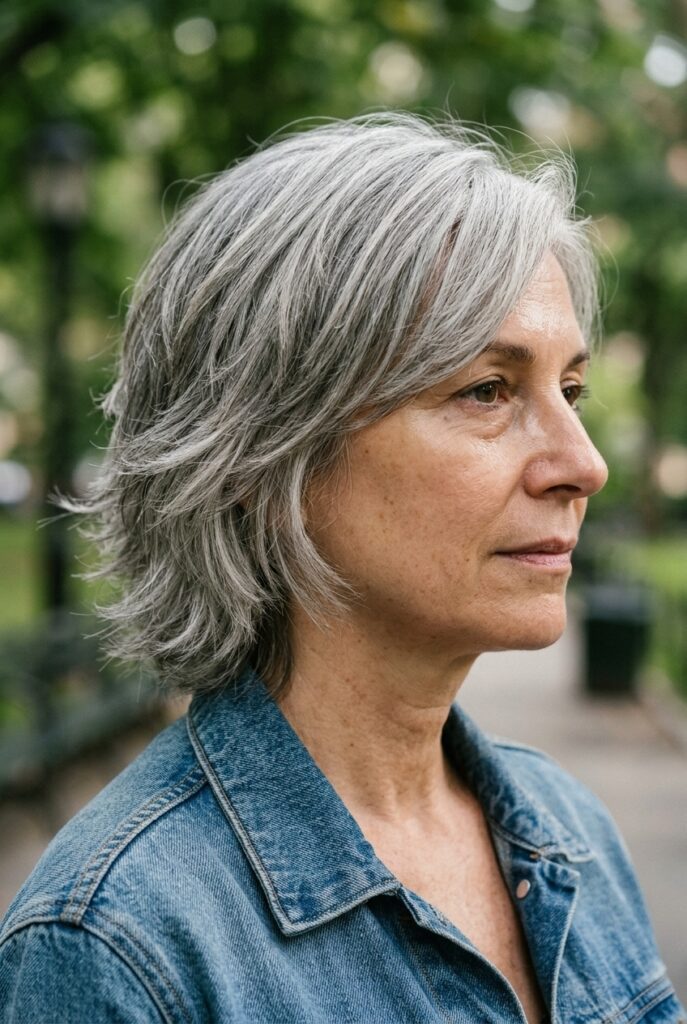 Woman with textured piece-y gray layers outdoors in a park