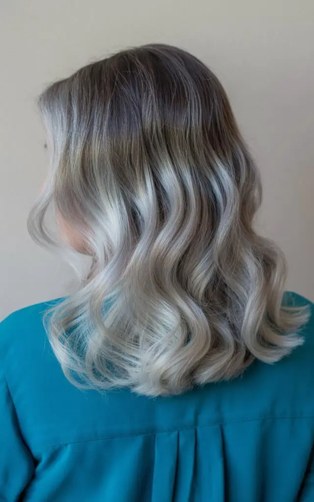 Woman with transitioning gray hair showing balayage technique with darker roots blending into lighter silver ends