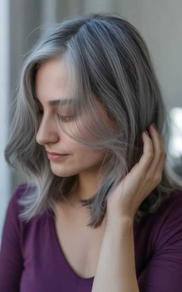 Woman with transitioning gray hair showing cool silver-toned color after toner application
