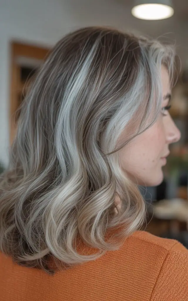 Woman with transitioning gray hair showing reverse highlights with darker lowlights added throughout lighter blonde and silver strands, creating dimensional blend, wearing a rust orange sweater, side profile view.