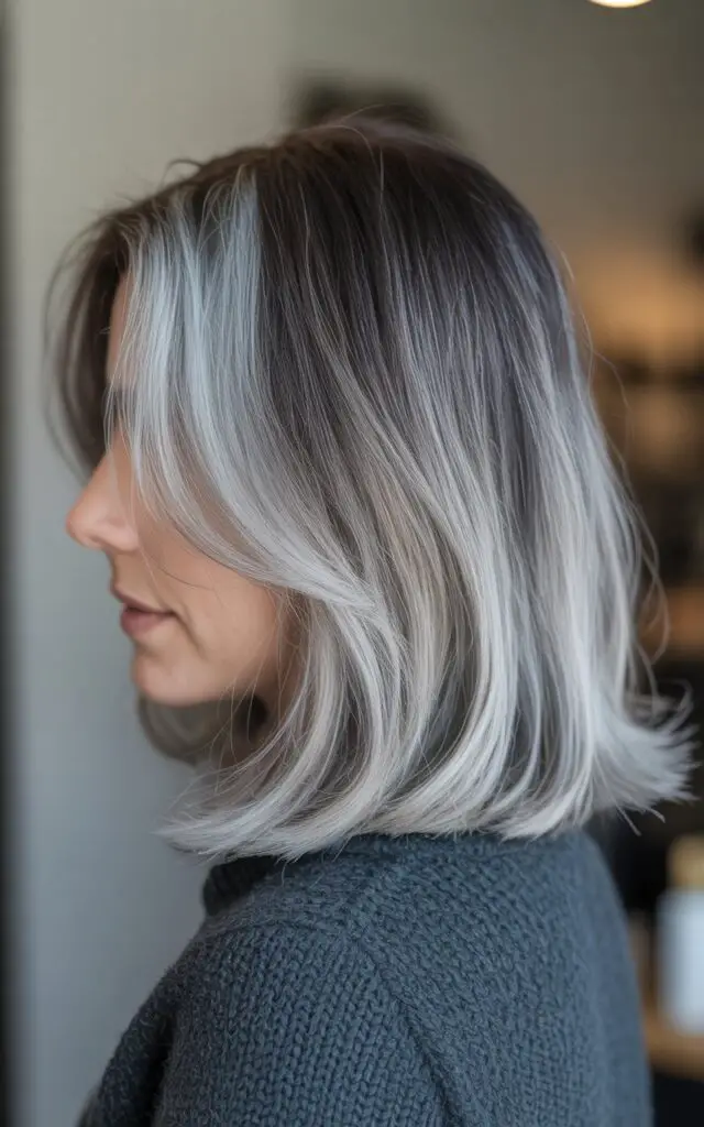 Woman with transitioning gray hair showing shadow root technique with darker roots gradually blending into lighter silver lengths