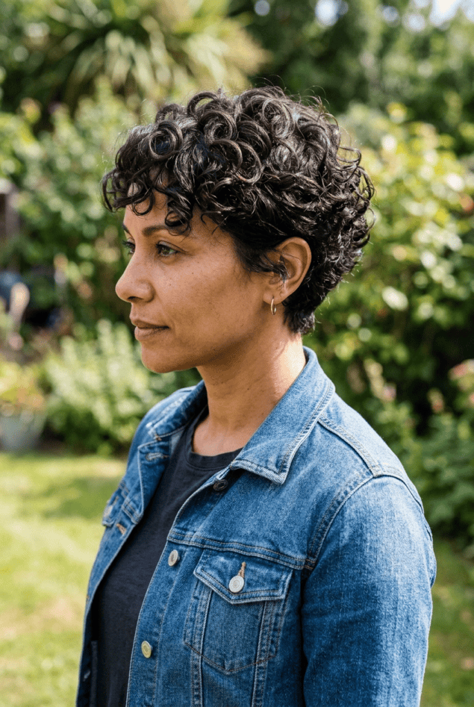Working with Waves and Curls Woman with curly French pixie showing natural curl pattern and defined texture