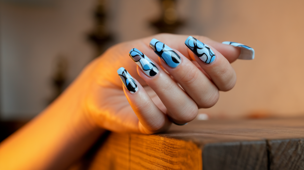 A side profile photo of a hand with long nails. The nails are painted with a design of abstract shapes and lines in shades of blue, white, and black. The nails have a glossy finish. The hand is placed on a wooden surface. The background is blurred and consists of a few decorative items. The photo is taken with warm lighting.