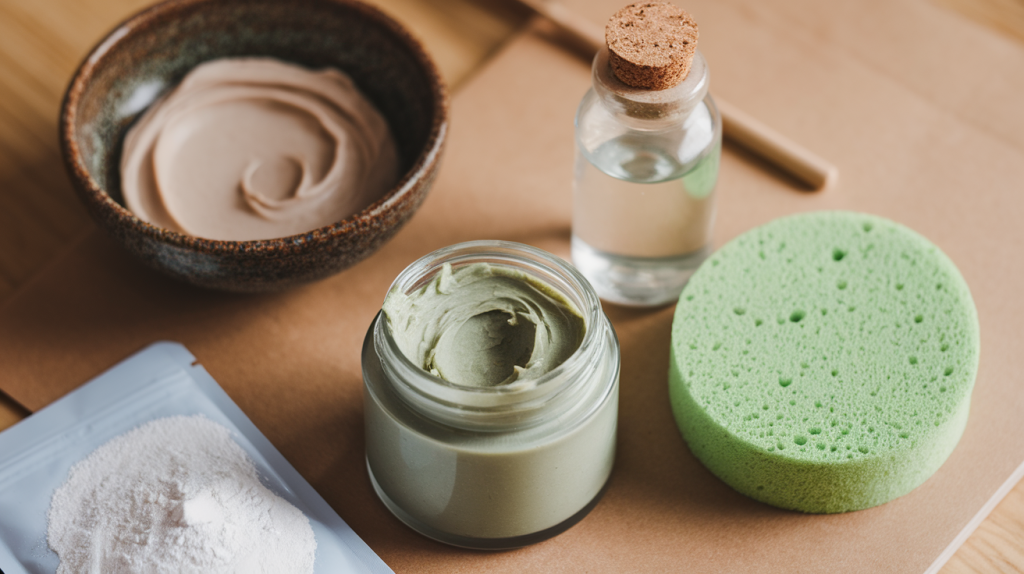 homemade skin care routine setup. There's a bowl with a beige paste, a jar with a green paste, a small bottle with a clear liquid, and a packet of a white powder