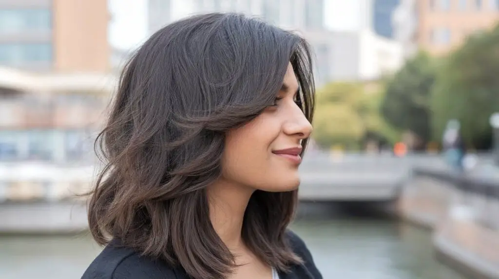 Woman slightly smiling with medium haircut