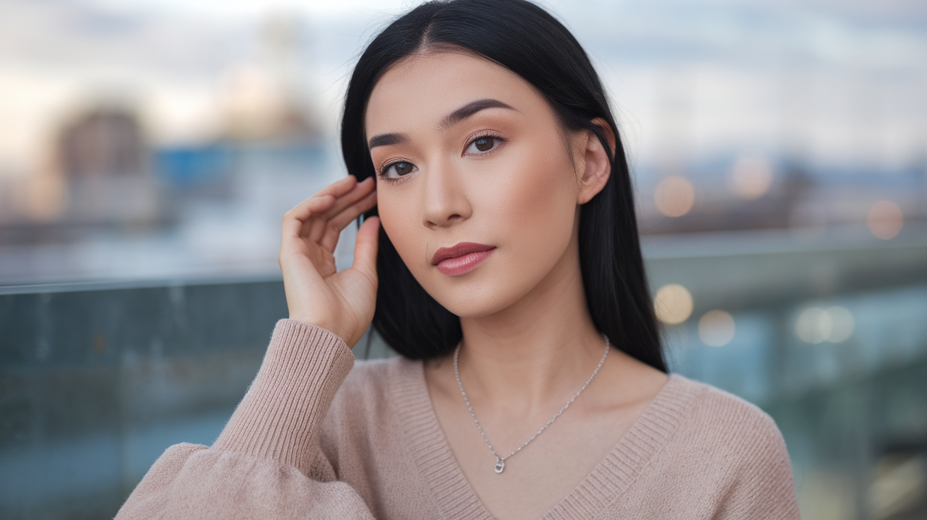 Asian woman with black hair wearing a beige sweater and a necklace. She has applied makeup using the 5 steps to natural glow