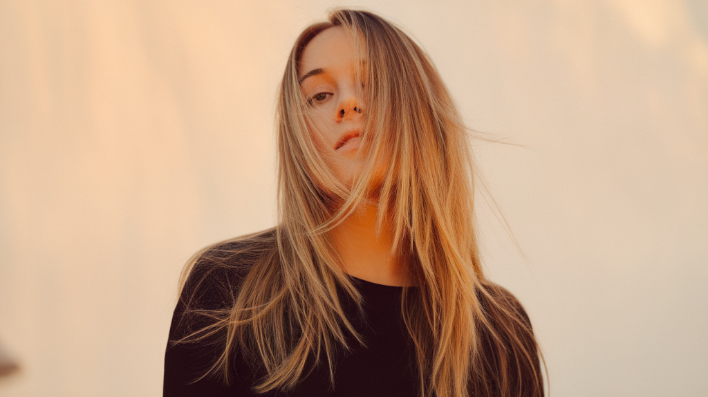 A photo of a woman with long, straight, layered hair. She is standing against a white background. The lighting is warm.