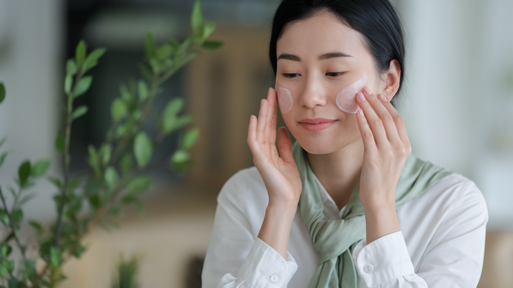 Asian woman with black hair, wearing a white shirt and a green scarf. She is doing a skincare routine with skincare acids at home