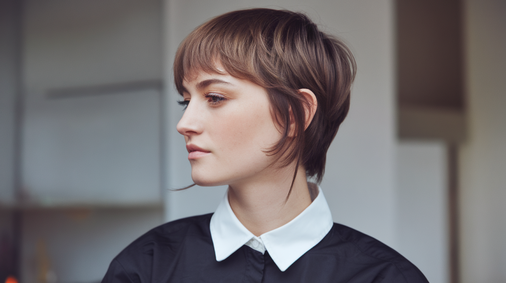 woman with a pixie cut and long bangs. She has brown hair and is wearing a black shirt with a white collar