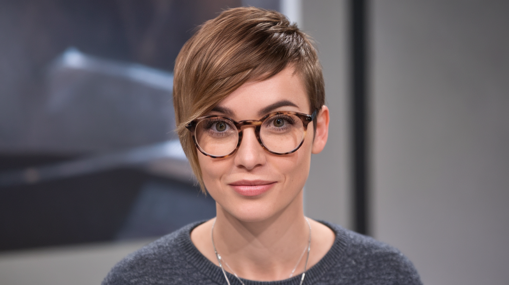 woman with an asymmetrical pixie haircut. She has short hair with one side shorter than the other