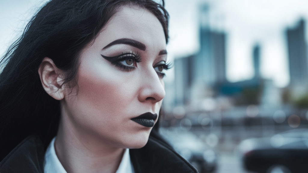  woman with Goth makeup. She has black hair and wears dark eyeliner and lipstick. Her eyes are framed by dark eyeshadow