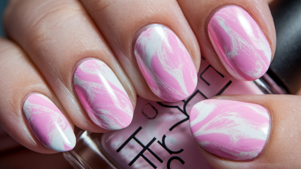 A photo of medium-length nails with a pink and white marble design. The nails are well-groomed and have a glossy finish. The photo has a warm lighting and is taken from a close-up perspective.