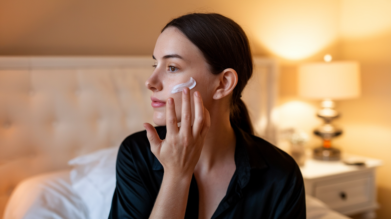 A photo of a side profile of an American woman with fair skin and dark hair. She is applying a night cream to her face in her bedroom. The room has warm lighting. There is a white bed, a nightstand, and a lamp. The woman is wearing a black shirt and has her hair tied back.