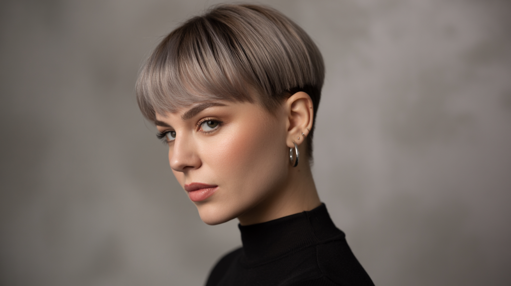 A striking studio portrait photograph of a young woman with a professional blunt cut hairstyle featuring subtle layers and a defined side part.