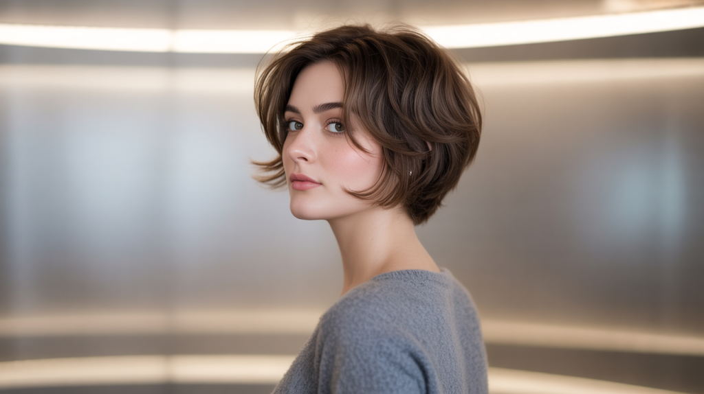 A studio portrait photograph of a young Bulgarian woman showcasing a stylish short, choppy haircut with subtle layers and a natural wave.