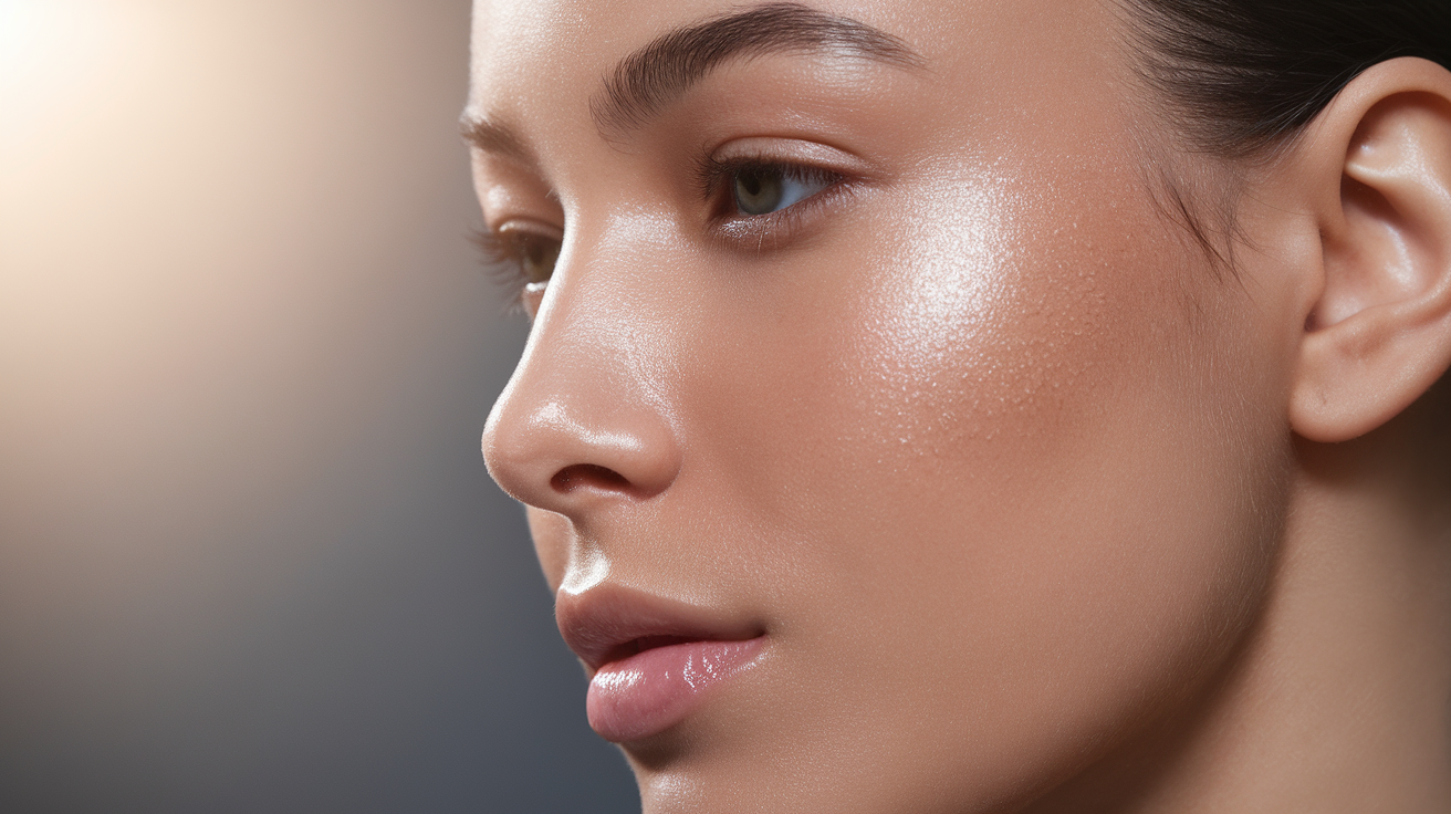 A close-up side profile photo of a woman's radiant skin. The lighting is soft. There is a subtle glow around her face.