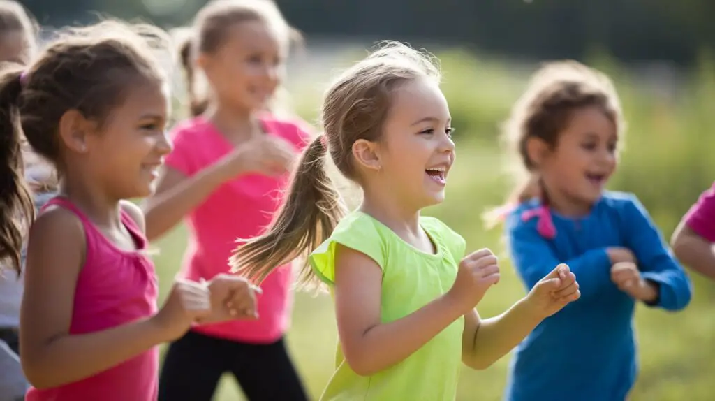 A photo of a Zumba workout for kids with soft natural light. The photo is taken from the side. There are multiple children dancing and laughing. They are wearing brightly colored clothes. The background is a green field.