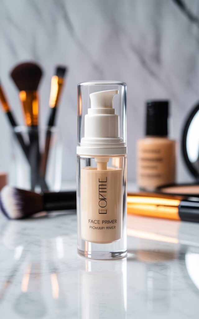 a clear glass pump bottle of face primer positioned elegantly on a clean white marble surface