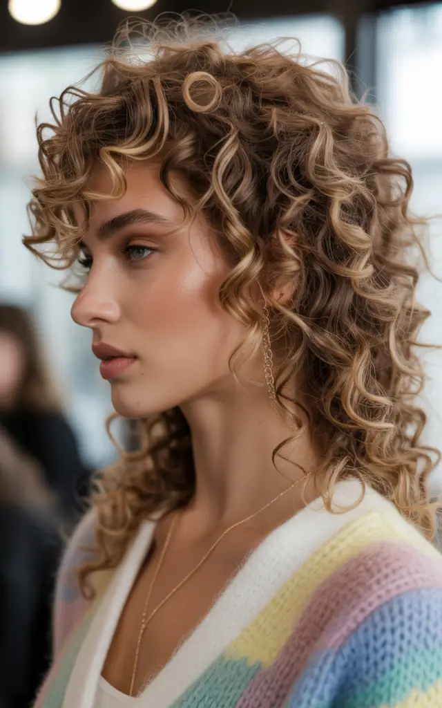 Full closeup to fashion parade female model in side profile, recording perm hair transformation video for social media with bouncy defined curls, stylish casual outfit.