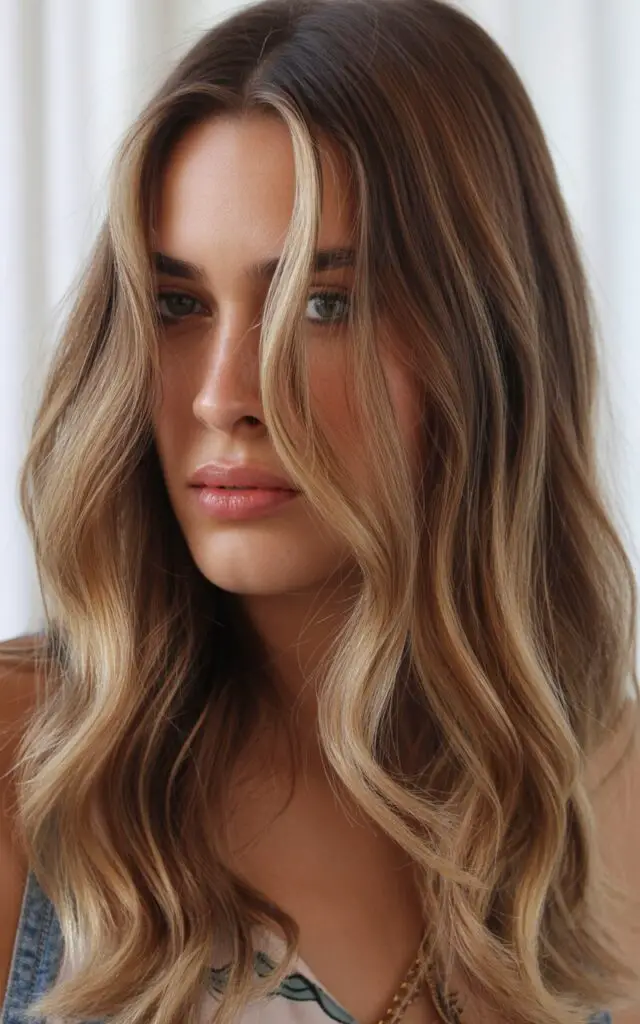 Full closeup to face-framing balayage highlights on brunette hair, blonde highlighted front sections framing face, at-home balayage technique results, fashion parade female model, casual outfit.