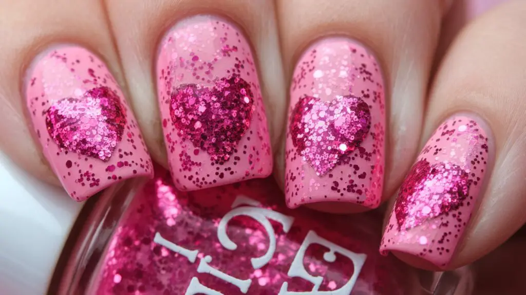 Pink Glitter Nails with Heart